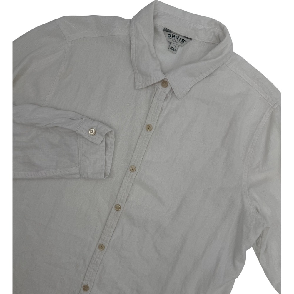 Orvis Womens White Linen Rayon Blend Roll Tab Sleeve Button Down Shirt Large‎